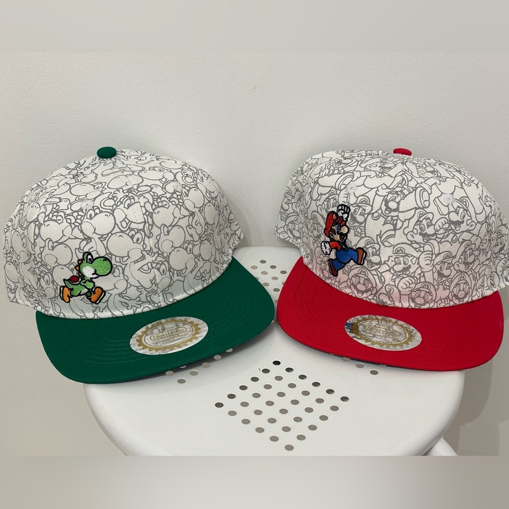 Pair of Nintendo Mario and Yoshi Adjustable Baseball Hats- New With Tags